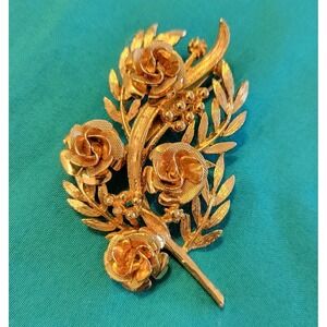 CORO Brooch Signed Vintage Rose Floral Gold Tone Pin Signed